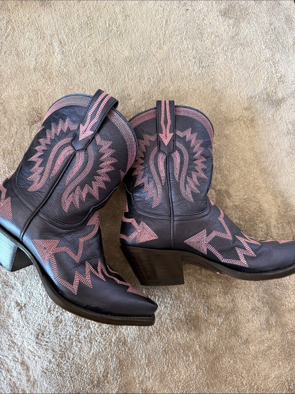 Women’s Black Heeled Western Ankle Boots with Pink Stitching - Picture 3 of 4